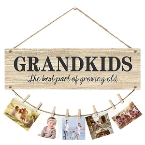Wooden grandkids photo hanging plaque with clips, rustic wall decor sign for home and family gifts.