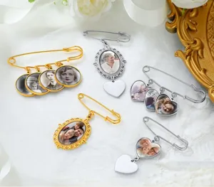 Custom photo memory brooch pins featuring round and heart charms for DIY gifts.