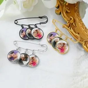 Custom photo brooch pin memorial metal safety pin with three round glass cabochon charms