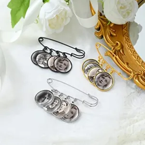 Vintage style photo charm safety pin brooch, metal memorial bouquet DIY jewelry accessory.