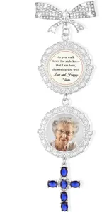 Silver bridal bouquet photo charm with blue cross, memory memorial pin for wedding day.