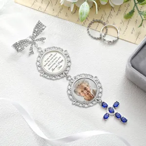 Detailed view of silver wedding memorial bouquet charm with photo frame and blue cross pendant.