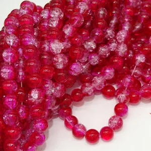 Close-up of red crackle glass beads with crystal texture for DIY jewelry making accessories.