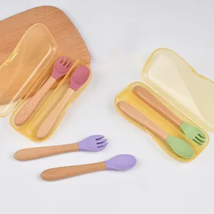 Set de cuillère et fourchette en silicone pour bébé avec manche en bois, boîte portable.