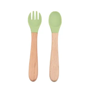 Ensemble de cuillère et fourchette en silicone pour bébé avec manche bois vert