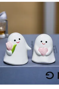 Ensemble de figurines de fantome en ceramique avec tulipe et coeur deco bureau mignon