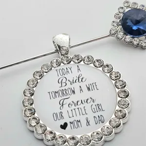 Bridal bouquet photo charm wedding brooch pin with heartfelt family message and rhinestones.