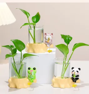 Niedliches Tier Hydrokultur Glas Vase Set mit Frosch Katze Panda Tisch Pflanzen Behälter Detail