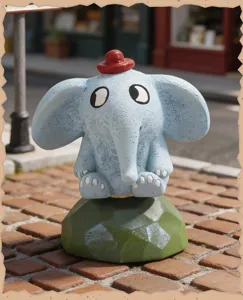 Detailed close-up of the cute elephant cartoon figurine with red hat and green base.