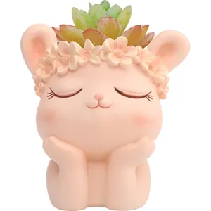 Cute cartoon animal succulent flower pot, pink healing resin planter for office desk decoration.