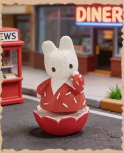Close-up detail of the cute rabbit blind box figure with red dress, perfect office desk decor.
