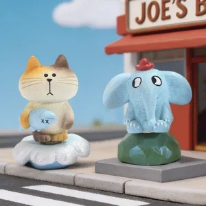 Cute animal blind box figure desk decoration, miniature cartoon toy set with cat and elephant.