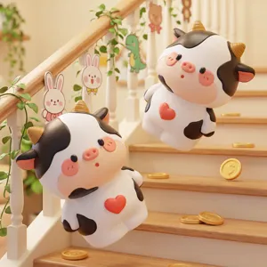 Cute cartoon cow piggy bank for kids, large capacity anti-drop coin jar creative desk decor