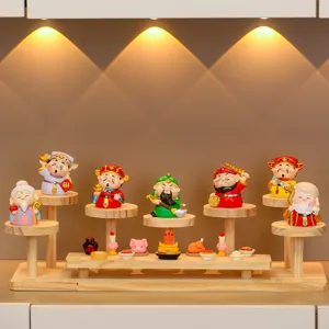 Creative entryway display stand with cute cartoon lucky god figurines for home and office decor.