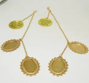 Gold DIY photo charm pendant with oval bezels tray and inspirational quote tag detail.