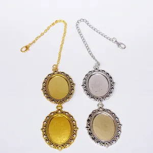 DIY double oval bezel pendant blank tray with chain for photo jewelry crafting supplies.