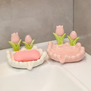 Porte-savon tulipe en céramique vidange salle de bain support mignon bac de rangement
