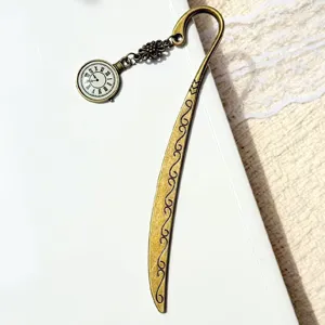Vintage bronze metal bookmark with intricate clock pendant and scroll patterns for reading lover.