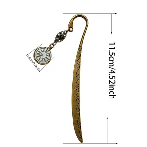 Vintage alloy bookmark with pocket watch pendant, elegant bronze metal bookmark 11.5cm.