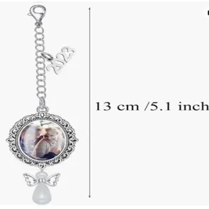 Close-up detail of the DIY photo memory pendant, 13cm length with oval frame and pearl charm.