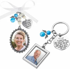 Detailed shot of DIY memorial photo frame charm pendant and keychain with angel wings.