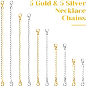 Set of 10 necklace extension chains in gold and silver colors with secure lobster clasps.