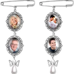 DIY memory photo charm brooch silver tone bouquet pin double oval frame keepsake jewelry