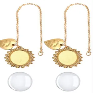 Detail van DIY fotohanger leeg met zonnebloem bezel, ketting en glazen koepel onderdelen.