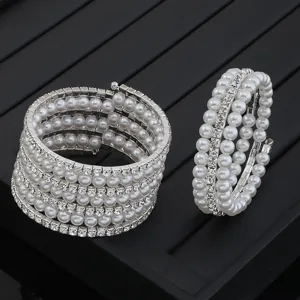 Elegant multi-layer pearl rhinestone wrap bracelet sparkling fashion jewelry for women.