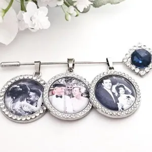 DIY memory photo brooch pin with round frame pendants for wedding bouquet decoration