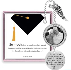 DIY graduation photo memorial charm pendant with engraved metal tag and angel wing decor.