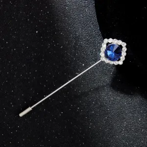 Elegant metal lapel pin brooch featuring a square rhinestone frame and blue crystal center.