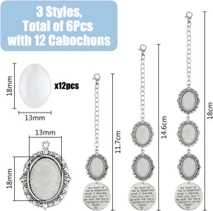 Detail view of vintage alloy bezel tray pendant blanks with glass cabochons and dimension guide.