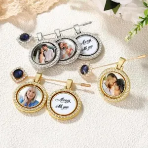 Rhinestone Photo Locket Brooch Pin Alloy Rotating Double Sided Tray Memory Brooch Wedding Jewelry Gift For Unisex