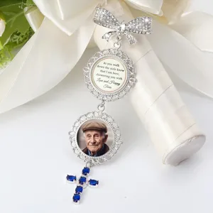 Wedding bouquet photo charm memorial pin silver rhinestone bow custom picture frame pendant gift