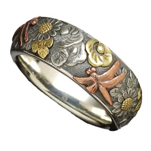 Vintage silver tone sunflower dragonfly carved ring multi color retro statement band jewelry
