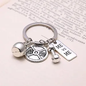 Gym fitness theme metal keychain with barbell plate dumbbell charms for sports enthusiasts.