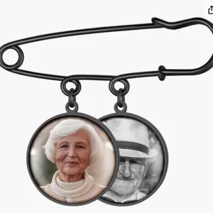 Customized memorial photo brooch pin with black metal safety pin and round glass pendants.