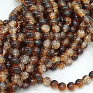 Brown cracked glass beads, crystal crackle round beads, DIY jewelry accessories close-up view.