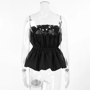 Schwarzes trägerloses Oberteil Sommer sexy Schößchen Top slim fit elegante Damen Bekleidung