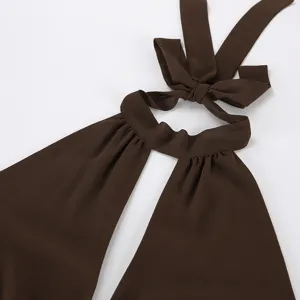 Dark brown halter neck top detail, stylish cutout strappy summer tank top for women.