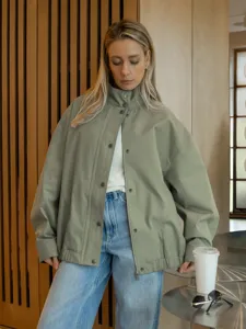 Dames Amerikaanse Workwear Stijl Staande Kraag Jas Losse Afhangende Schouder Katoen Casual Utility Bovenkleding Top