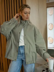 Dames Amerikaanse workwear opstaande kraag jas, casual lossevallende herfstjas voor vrouwen.