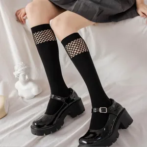 Close-up detail shot of black calf socks featuring breathable hollow mesh spliced design for women.