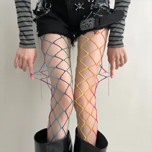 Women Y2K Sexy Rainbow Patchwork Hollow Out Fishnet Tights Mesh Pantyhose Breathable Colorful Grid Stockings For Party Club