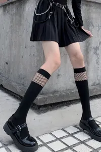 Black fishnet splice calf socks, gothic JK sweet cool style, trendy thin women stockings.