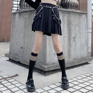 Black fishnet spliced calf socks for women, breathable hollow mesh JK cute hosiery.