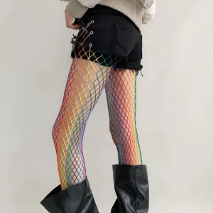 Colorful rainbow fishnet stockings for women, sexy hollow mesh tights for y2k party and daily wear.