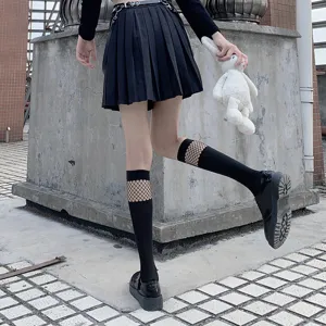Black hollow mesh splice calf socks, trendy thin fishnet mid-tube socks for women summer.