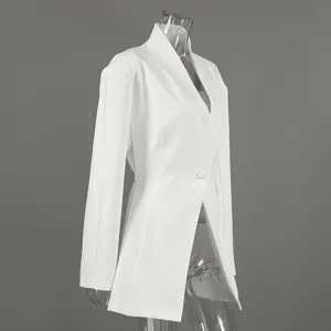 Detail view of women white V-neck blazer jacket with slit and waist cinching design.